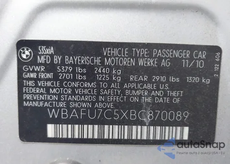 2011 BMW 535I xDrive из США, поврежденный, VIN WBAFU7C5XBC870089